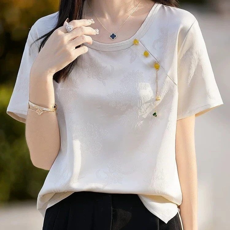 新国风T恤女士夏季新款设计感下摆开叉中式短袖高端气质提花上衣