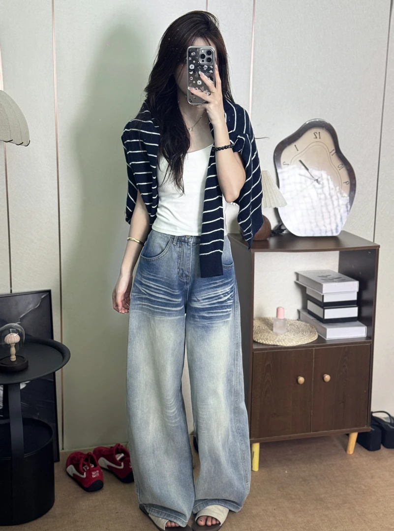 ENEN~复古美式弯刀牛仔裤宽松直筒阔腿裤