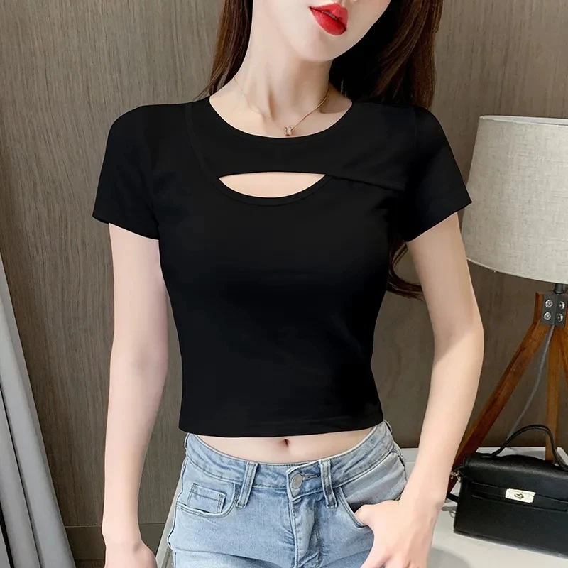 黑色短款上衣女修身高腰打底小衫2026夏季新款镂空设计感短袖T恤