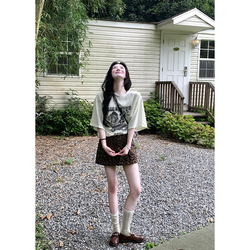 女生韩系ins衣服短袖印花t恤上衣夏季豹纹个性高腰气质半身包臀裙