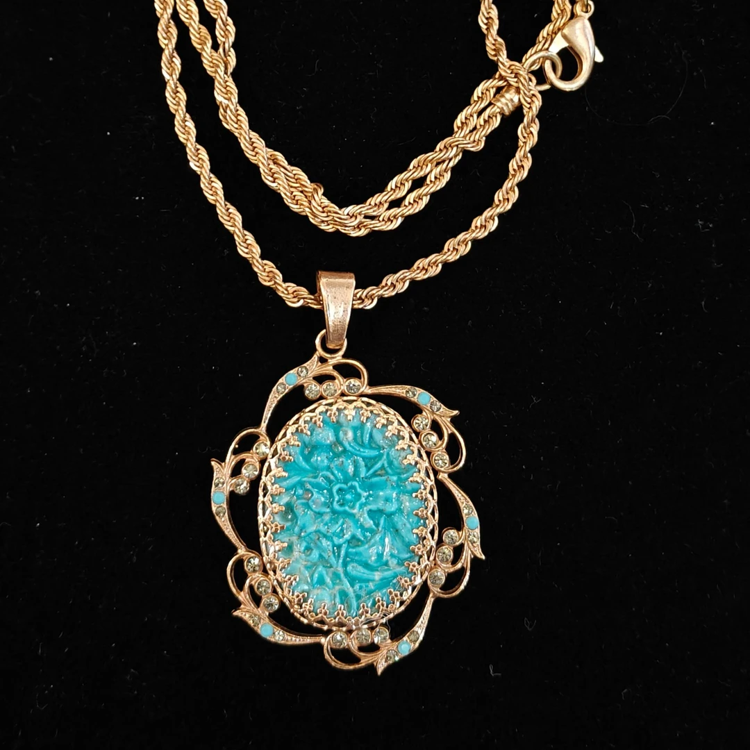 铜合金琉璃项链 Bijoux中古蓝色刻花项链