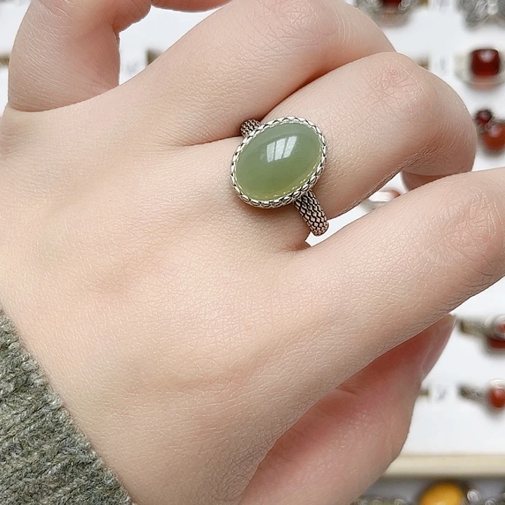 和田玉戒指银S925镶嵌天然