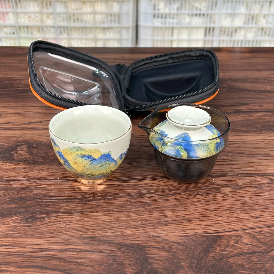 大海茶器@@F491-一人饮千里江山旅行茶具