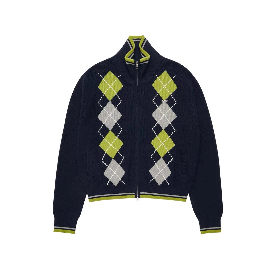 K2546 “格纹学院派”经典拉链开衫毛衣