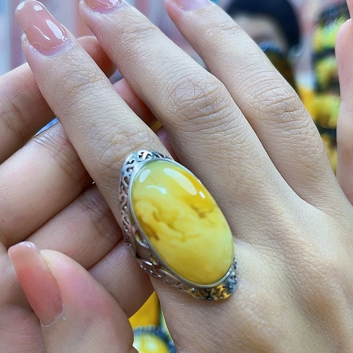 蜜蜡银S925镶嵌裸石戒指