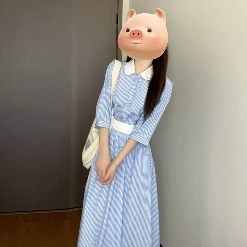 4329搭配一整套学院风polo领蓝白条纹套装女上衣显瘦半身裙两件套