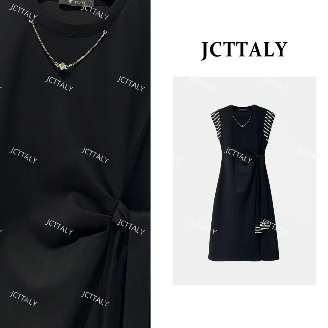 【茶茶】设计感条纹坎肩休闲风连衣裙百搭小众纯色夏季无袖JC-A4224