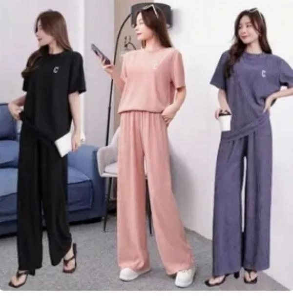 [F307]宽松夏季千千褶皱休闲裤网红时尚短袖百搭运动洋气套装显瘦