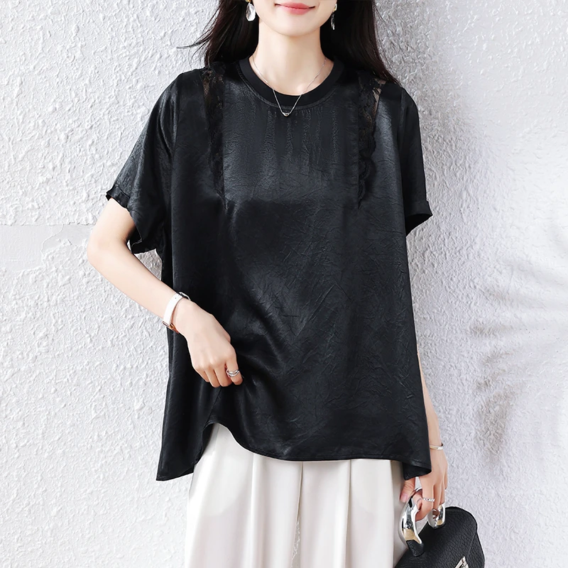 【女神新衣】拼接蕾丝短袖T恤女上衣圆领黑色气质独特夏季薄款