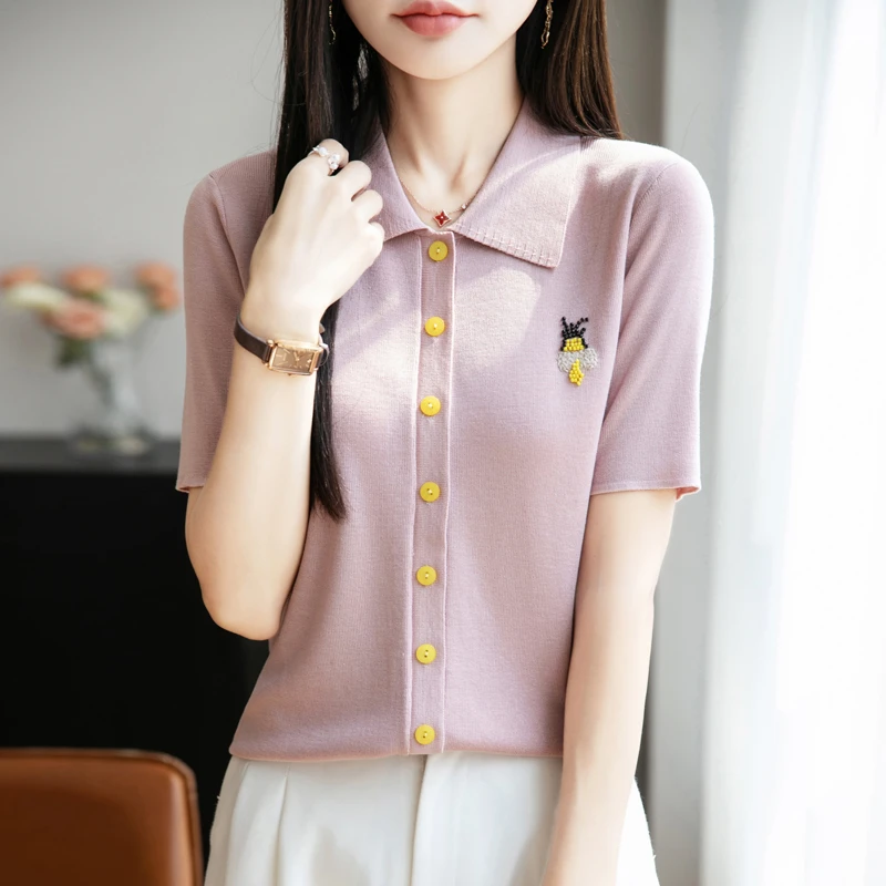 超细精纺莱赛尔天丝翻领短袖针织衫POLO领洋气减龄T恤显瘦刺绣027