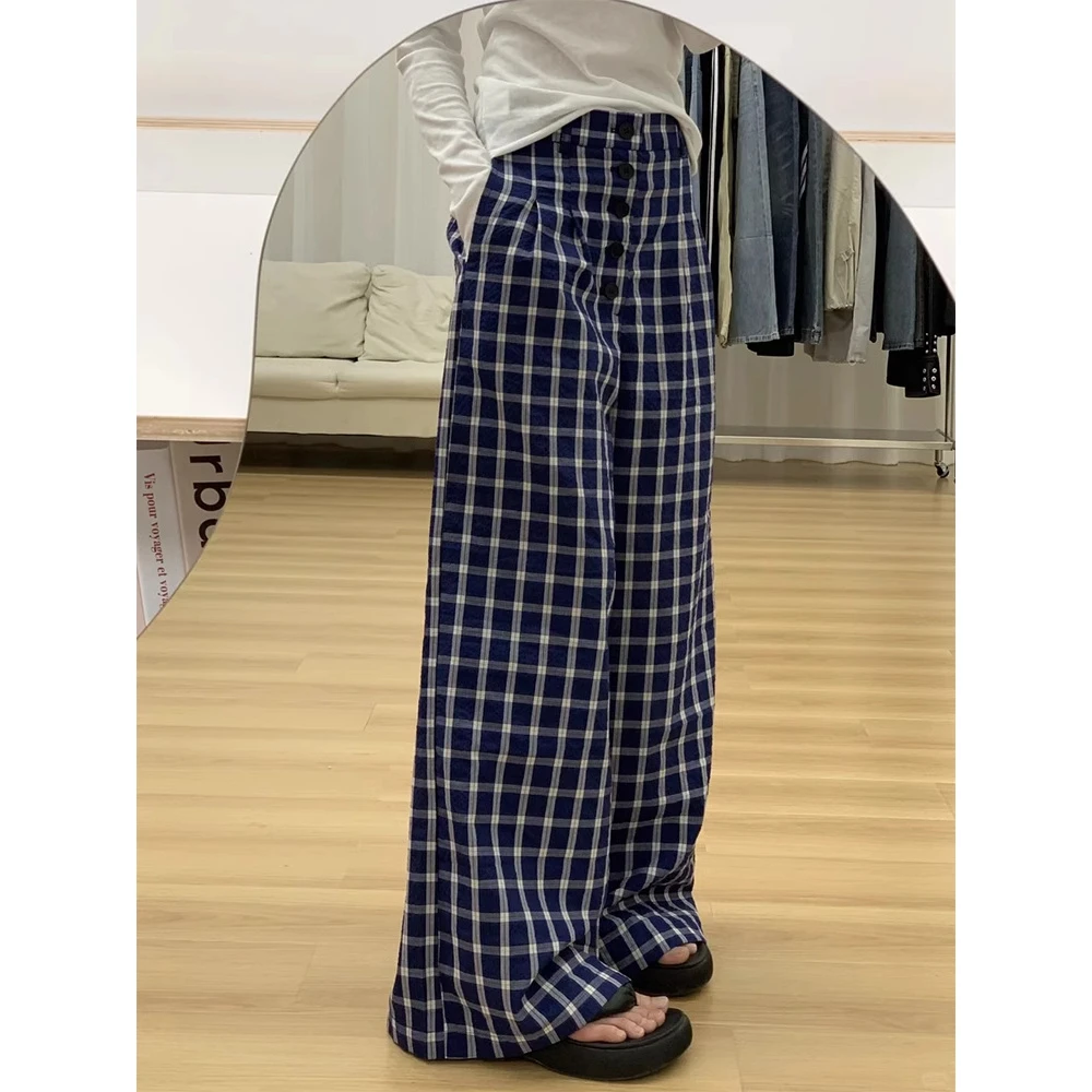 蓝色格子休闲裤女2025新款宽松慵懒风梨形身材胖mm高腰显瘦阔腿裤