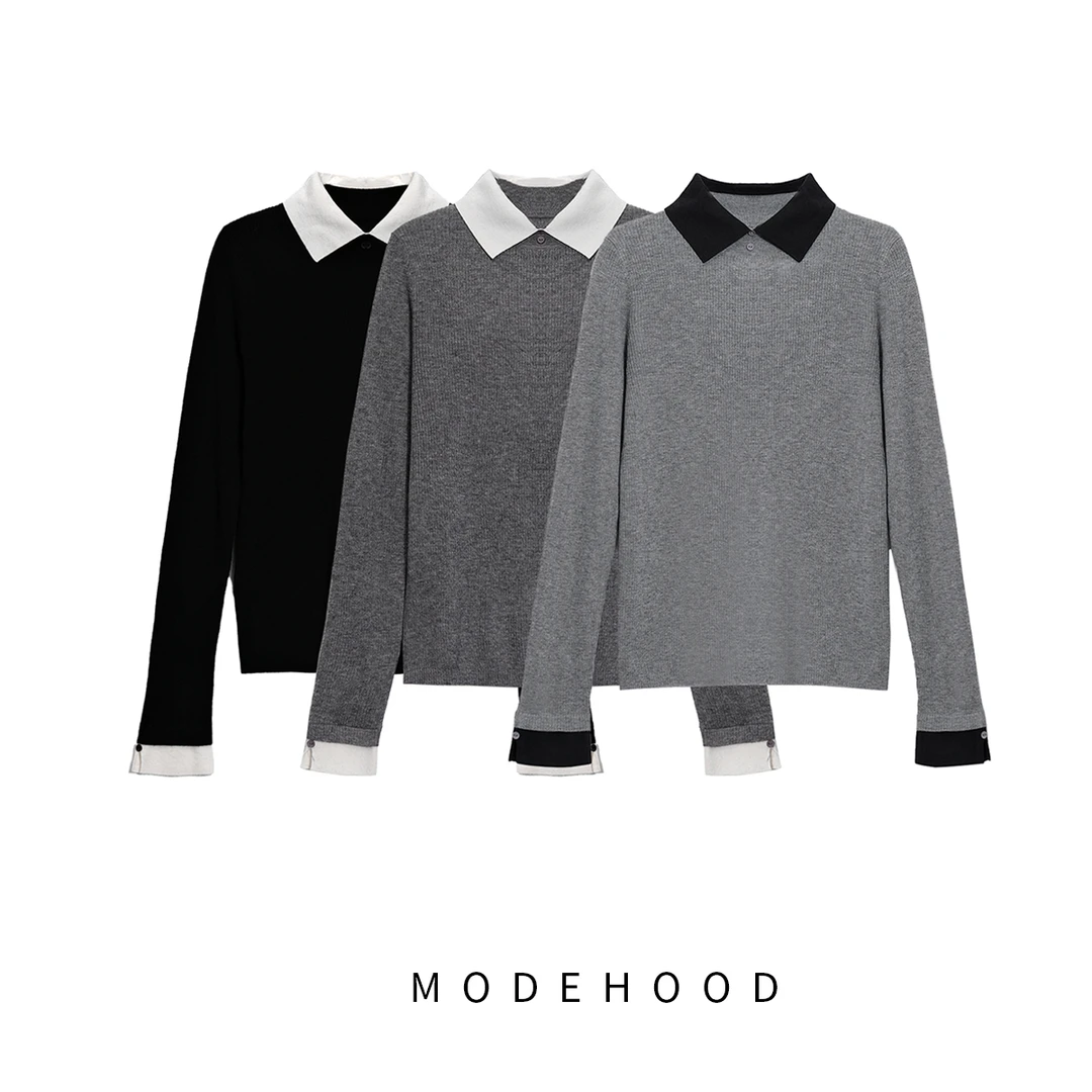 MODEHOOD伊凡【云柔美物】2025冬季新款衬衫领内搭羊毛打底衫QZ-202