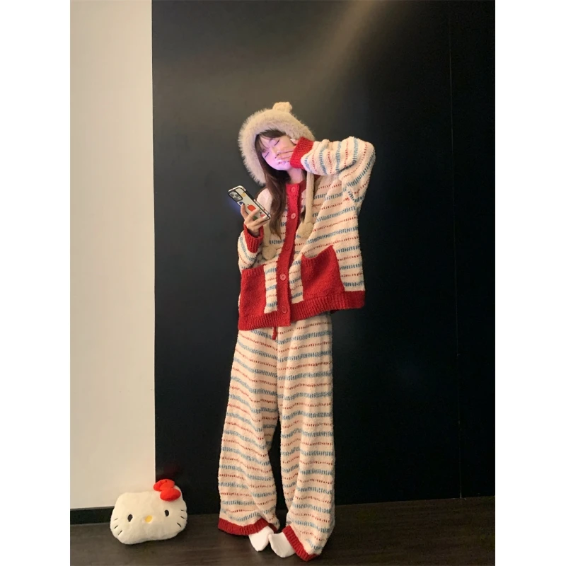 韩版高级条纹半边绒睡衣女秋冬季2025新款加厚毛绒针织家居服套装