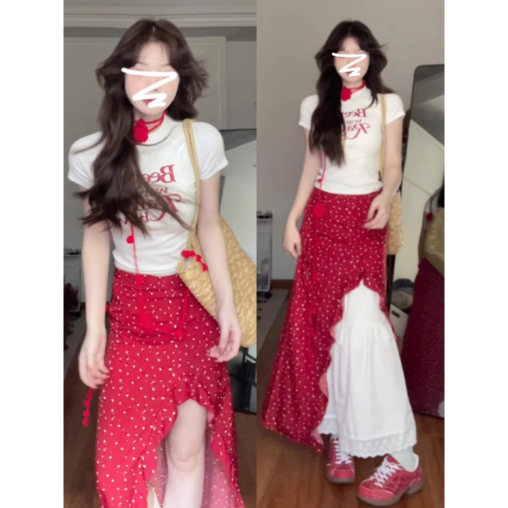 海边沙滩度假风穿搭两件套装红色碎花不规则荷叶边半身裙小个子