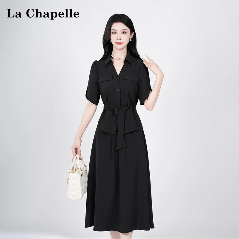 【拉夏贝尔】夏季法式设计感显瘦松紧腰轻奢短袖连衣裙