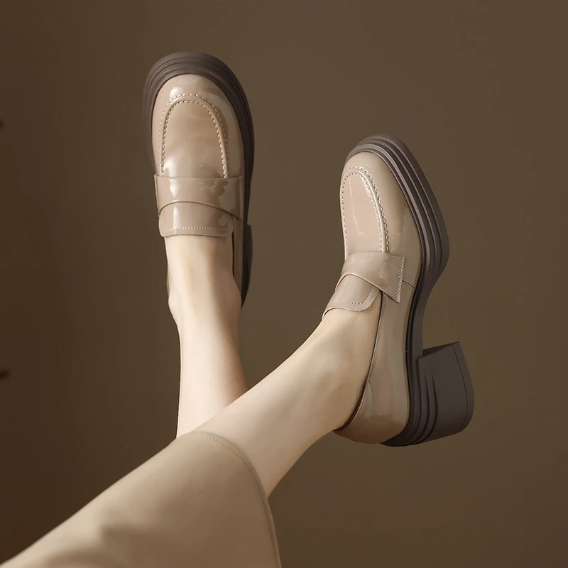 菓苒7cm高跟乐福鞋春秋百搭法式英伦风厚底真皮女鞋漆皮小皮鞋女