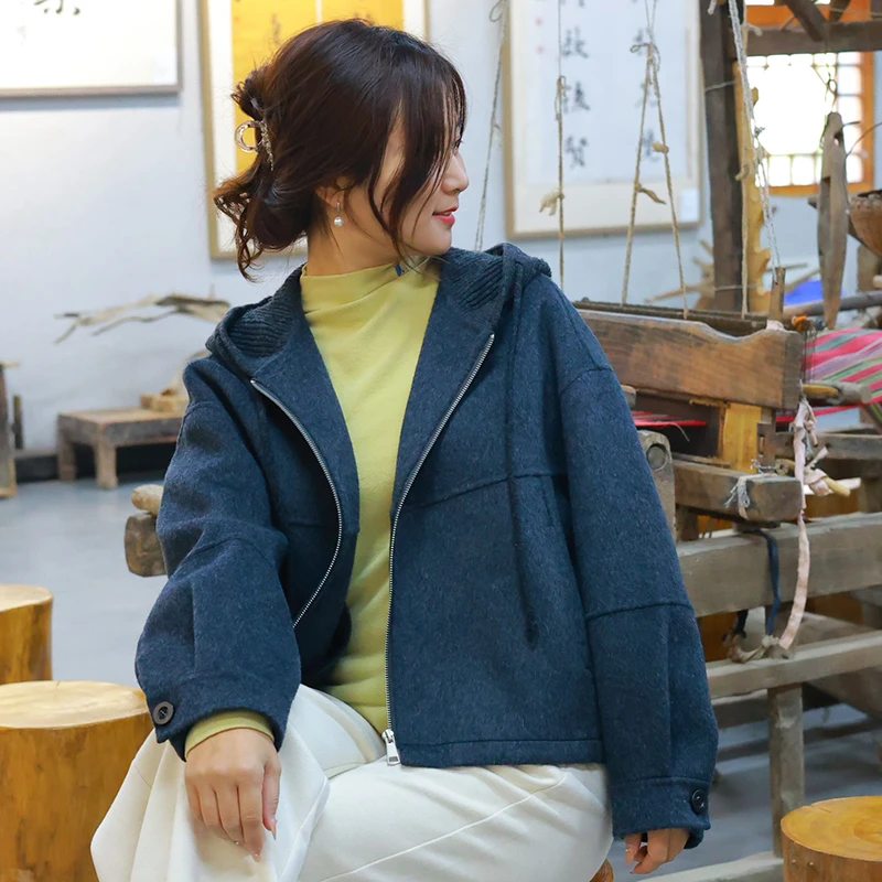 原创绵羊毛冬季防风短款连帽宽松型毛呢百搭女装加厚韩版