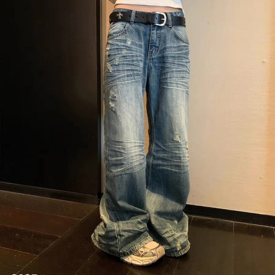 SUNONEON同款水洗宽松磨破低腰牛仔裤早秋季美式复古直筒休闲裤子