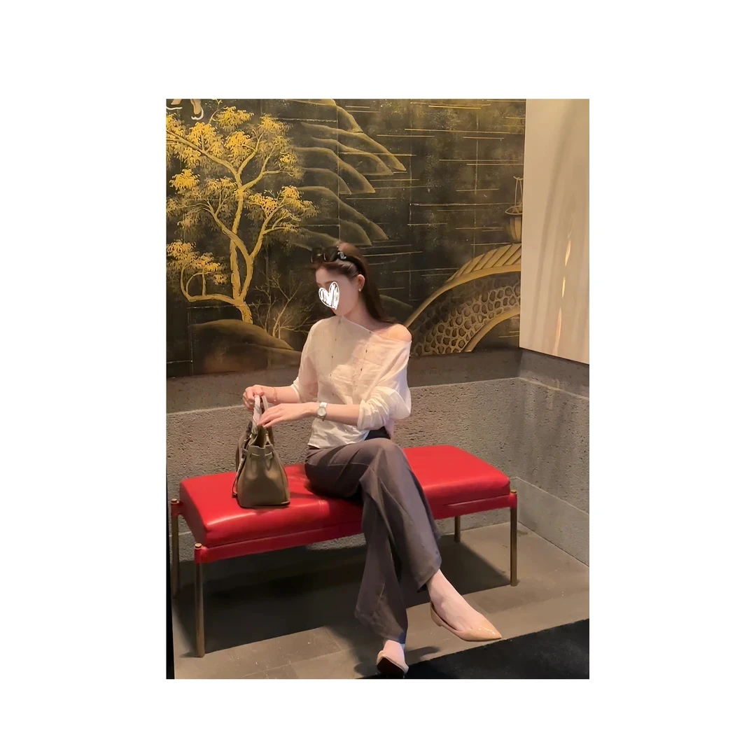 老钱风斜肩长袖女通勤气质夏季显瘦设计感上衣外穿夏季