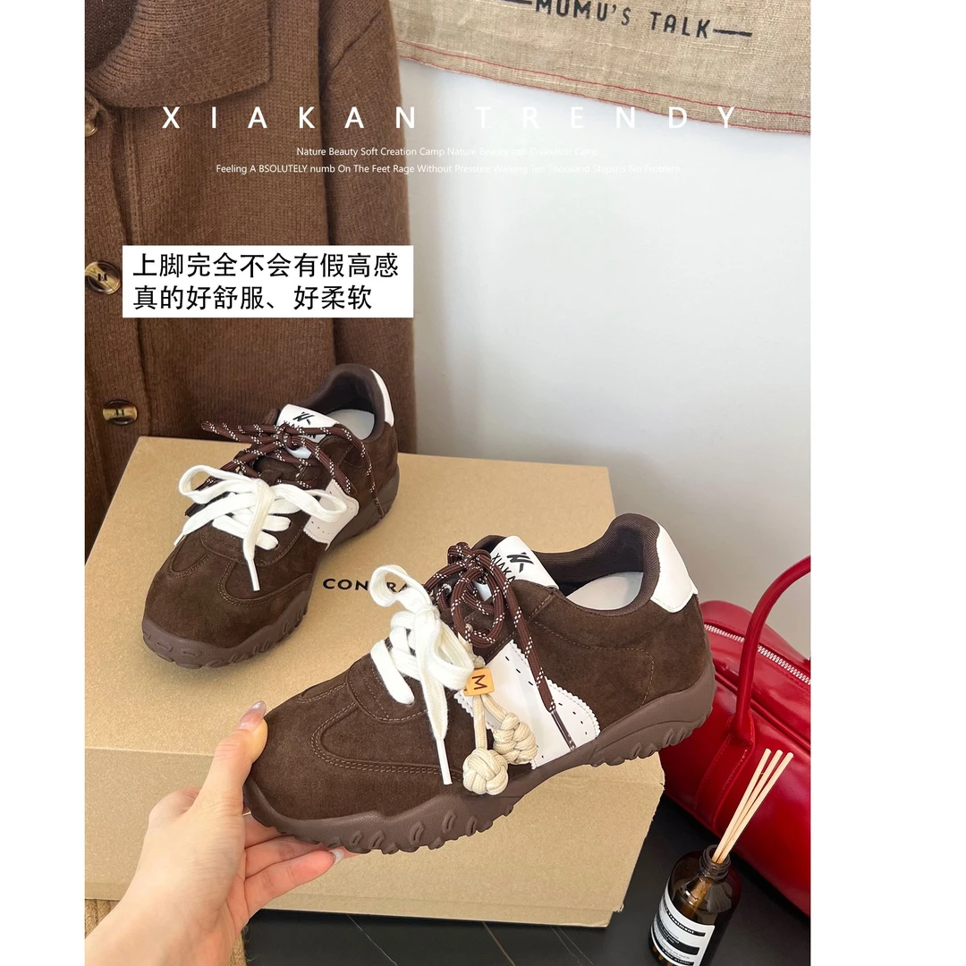 夏侃XIAKAN 咖色内增高8cm休闲德训鞋女2025秋季小个子运动阿甘鞋