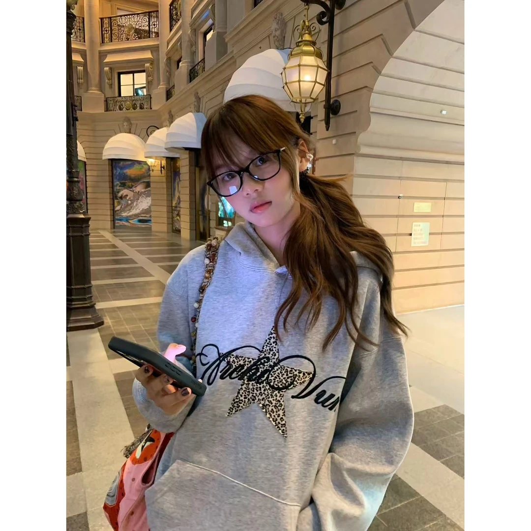 美式复古豹纹星星刺绣连帽卫衣女秋冬2025新款宽松纯棉情侣上衣潮