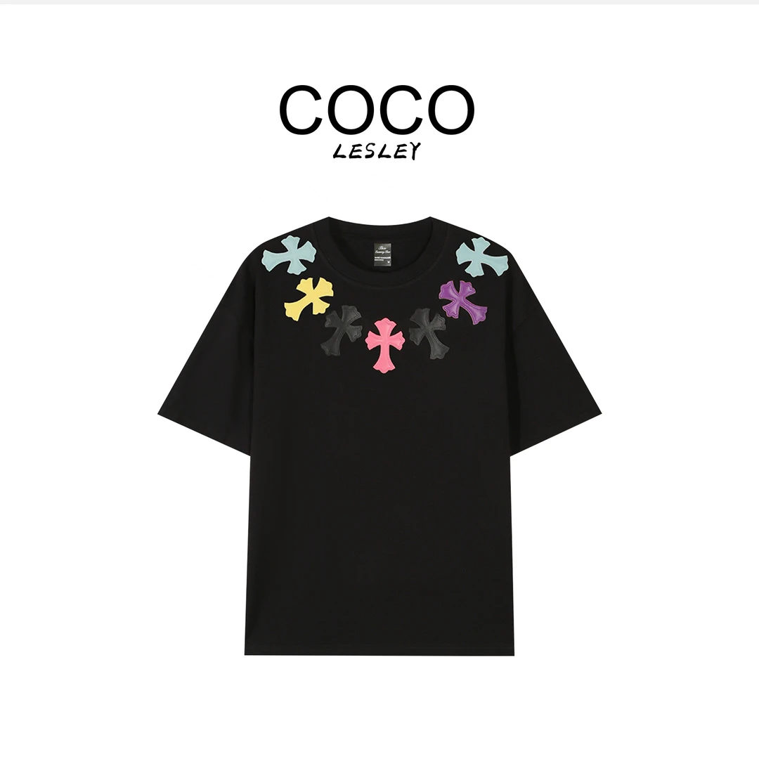 【COCO LESLEY】2025夏季新款纯棉男女同款刺绣贴皮十字恤短袖A77