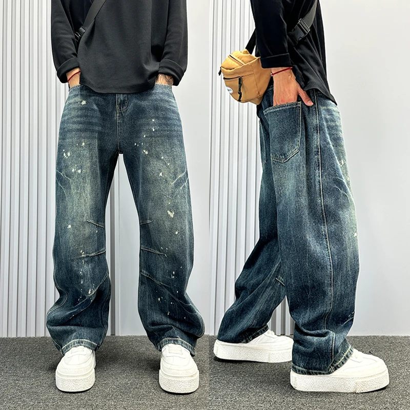 美式高街彩色泼墨柳叶弯刀牛仔裤男款秋冬宽松阔腿裤潮牌直筒长裤