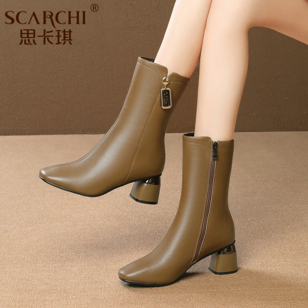 秋冬新款棕色复古加绒英伦风不累高跟中筒靴短靴马丁靴女真皮靴子