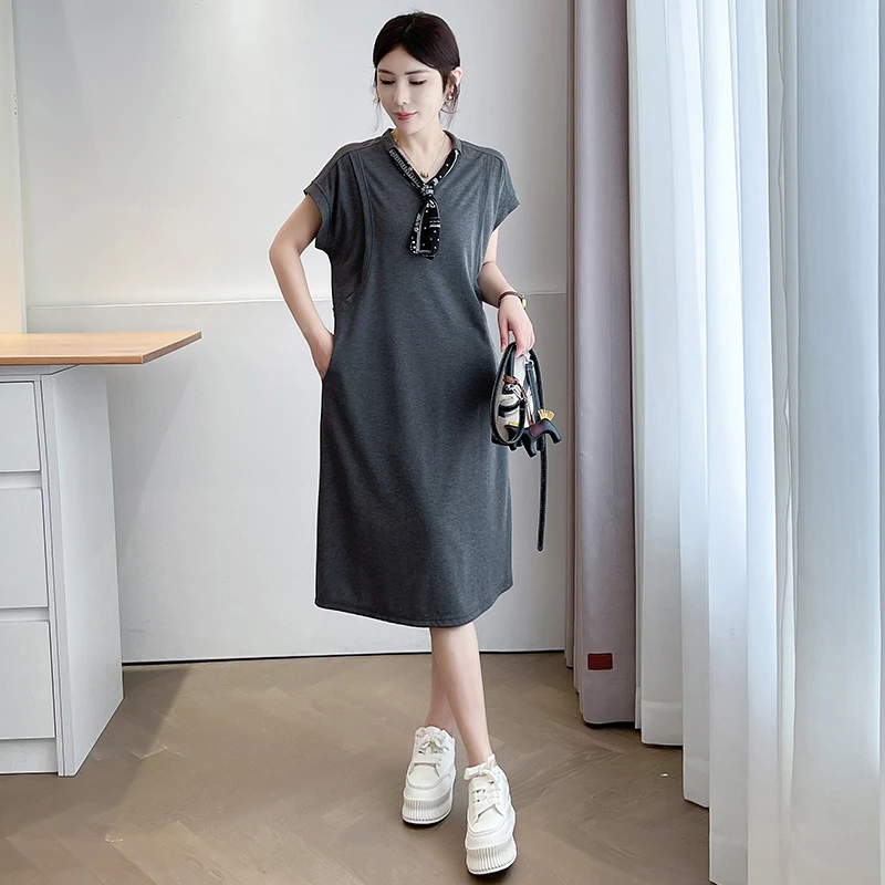 大码女装夏季休闲风复古港风短袖连衣裙女时尚胖mm宽松中长款裙子