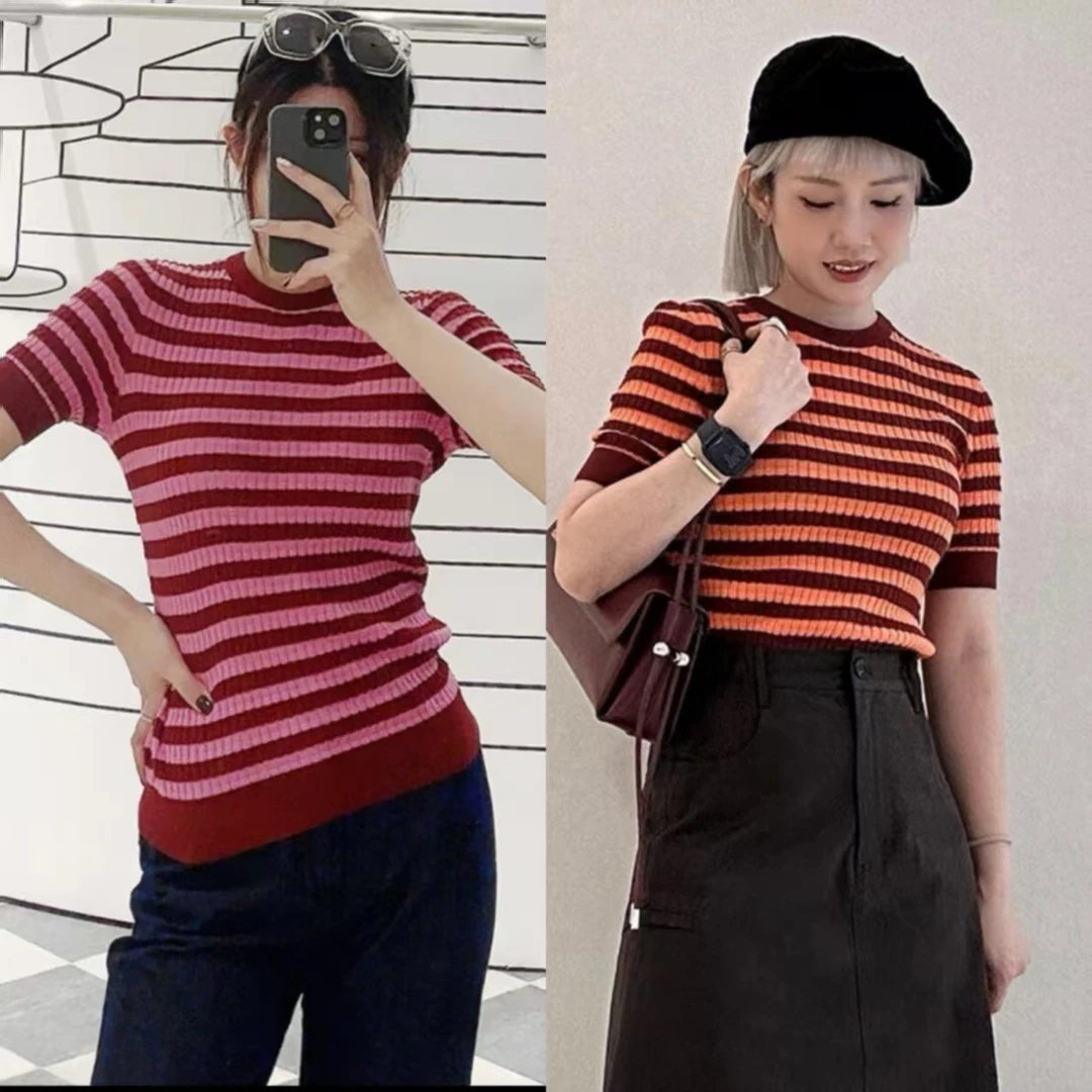 408新款丝光棉纯棉细条纹针织圆领短款女休闲针织