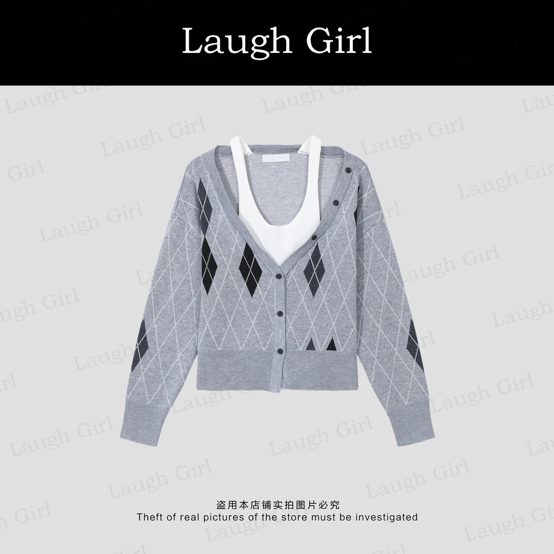 楚楚君 Laugh girl【文学派】菱形格纽扣假两件长袖毛衣XL53897J