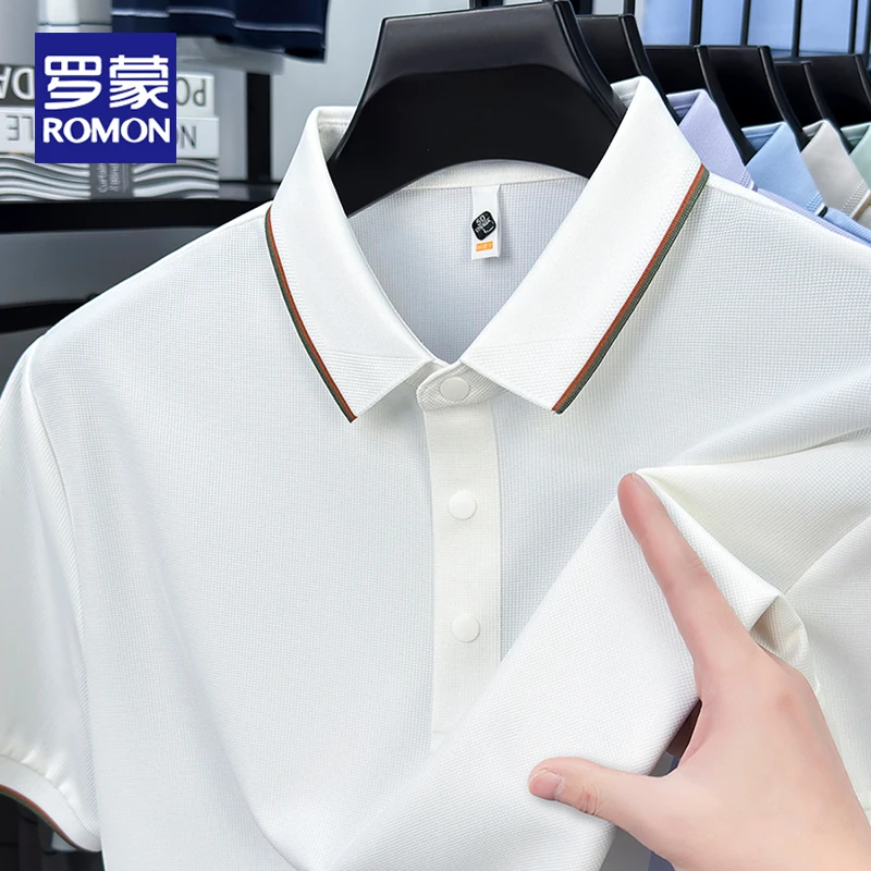 罗蒙冰丝无痕男士短袖T恤夏季薄款2025新款商务休闲爸爸装polo衫