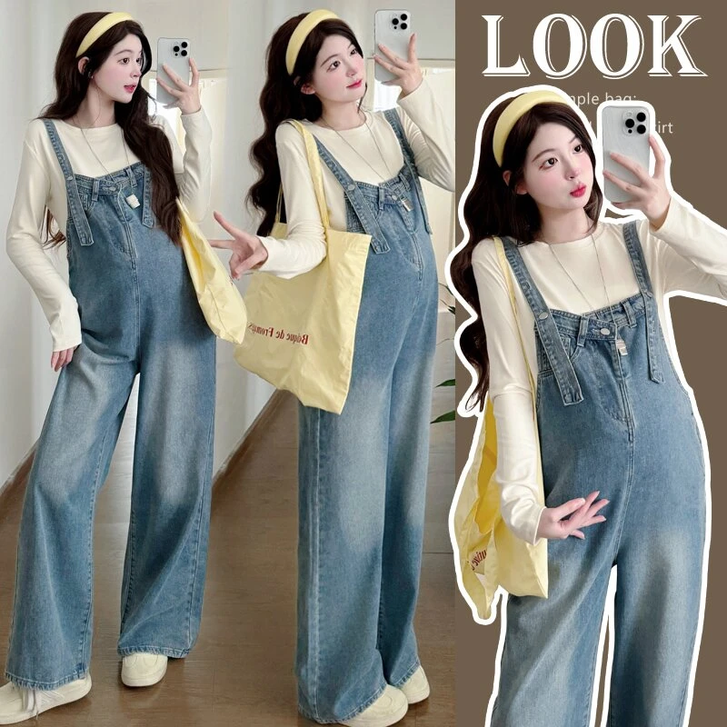 孕妇装秋季新款时尚大码牛仔背带裤宽松上衣韩版减龄显瘦套装