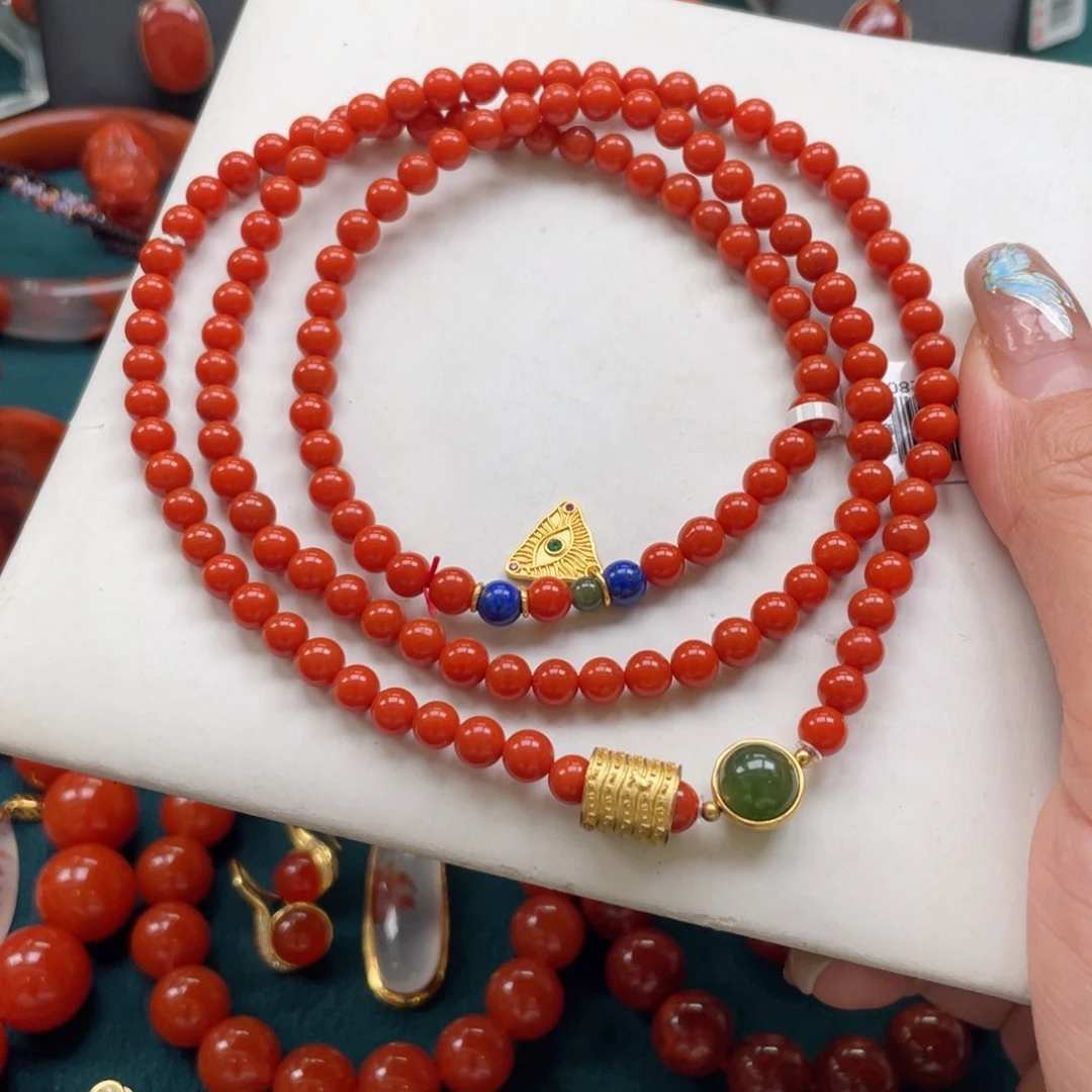 南红玛瑙银S925镶嵌瓦西南红满肉dly多圈5+mm