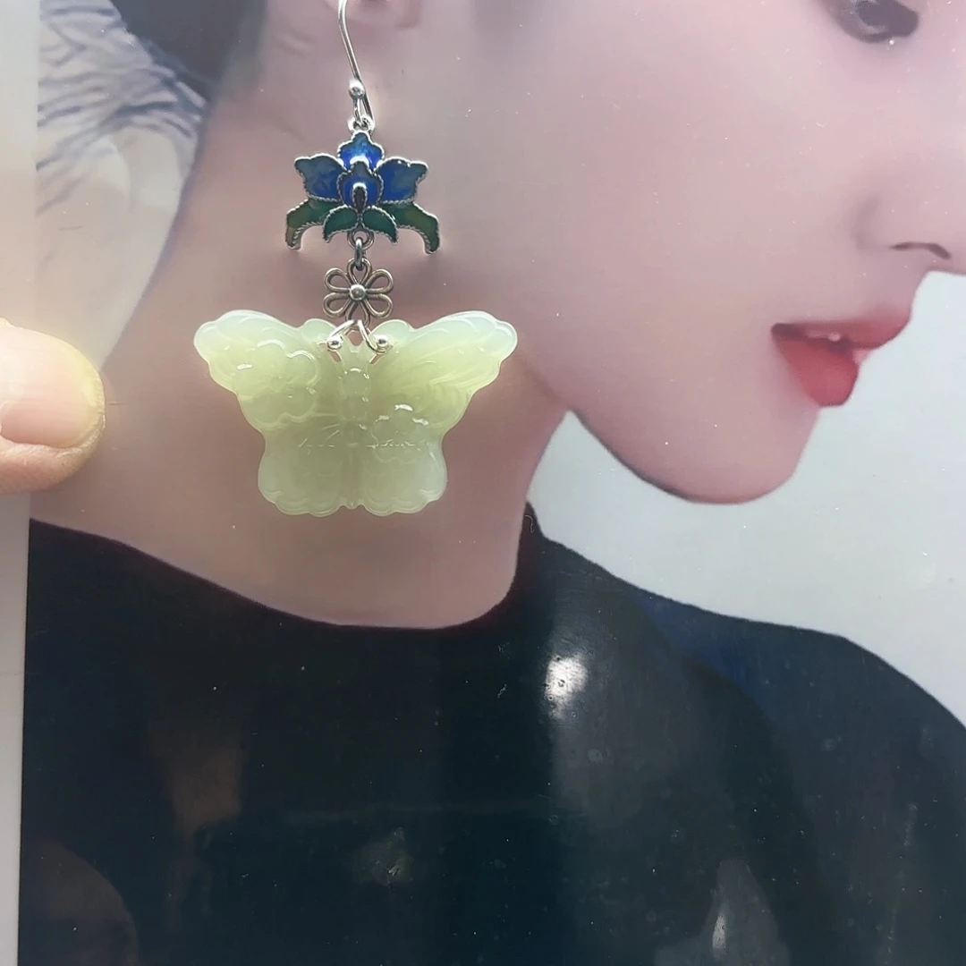 和田玉耳饰银S925镶嵌时**梭