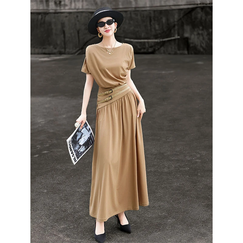 兰瑟儿2025夏季新款气质简约设计感假两件收腰显瘦短袖大摆连衣裙