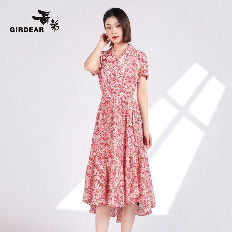 GIRDEAR/哥弟桑蚕丝法式浪漫小翻领夏季碎花茶歇裙连衣裙1500450
