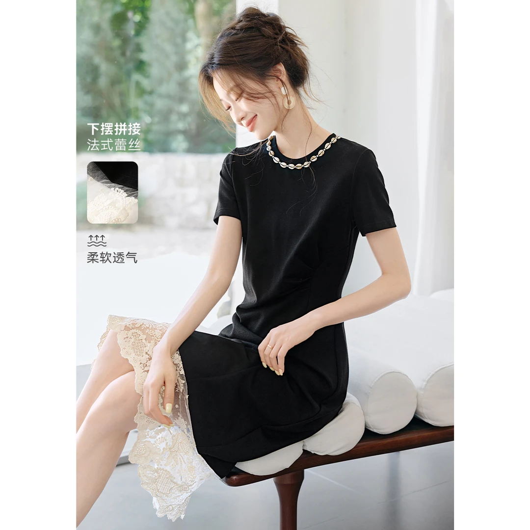 沫晗依美【日常波西风】2025夏新法式拼接蕾丝收腰褶皱连衣裙3163
