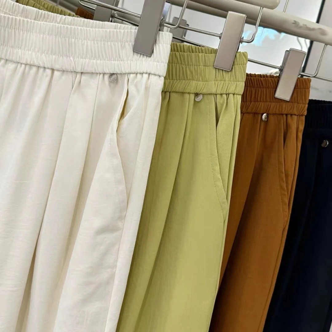 娟儿家2025夏季新款韩系松紧腰围卷边洋气休闲裤潮流纯色