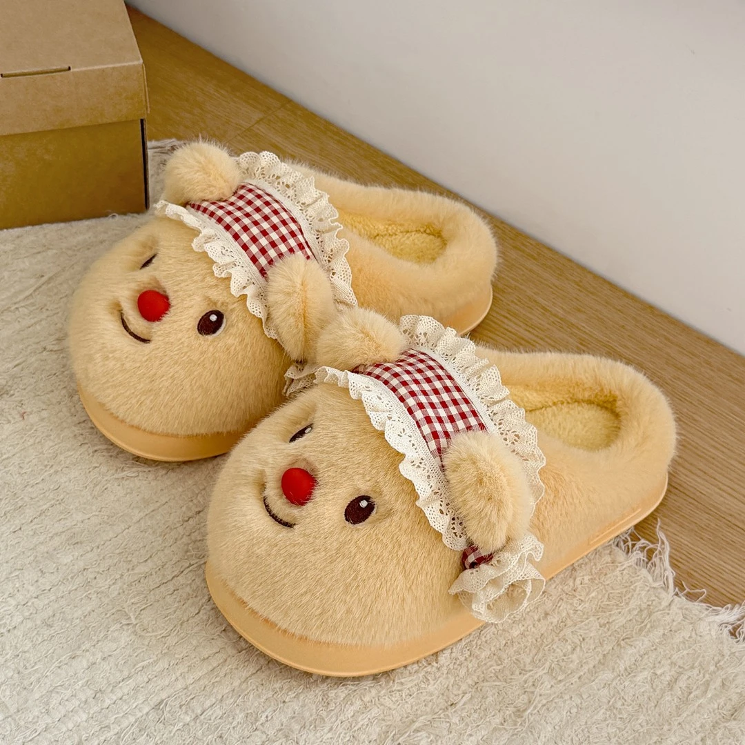 可爱黄油小熊棉拖鞋女款冬季可爱保暖2025新款室内居家厚底毛拖鞋
