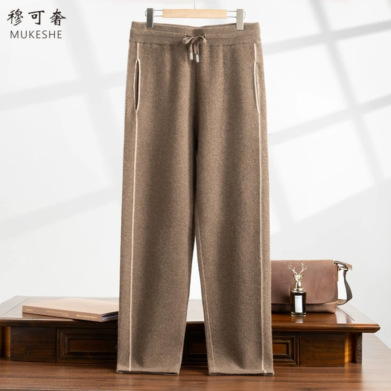 秋冬季蜂窝针山羊绒加厚保暖休闲男式直筒裤宽松高腰时尚阔腿裤