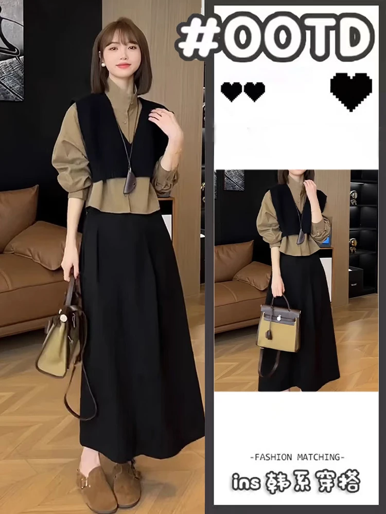 2025新款春季设计感叠穿针织马甲条纹衬衫裙子韩剧穿搭三件套装女