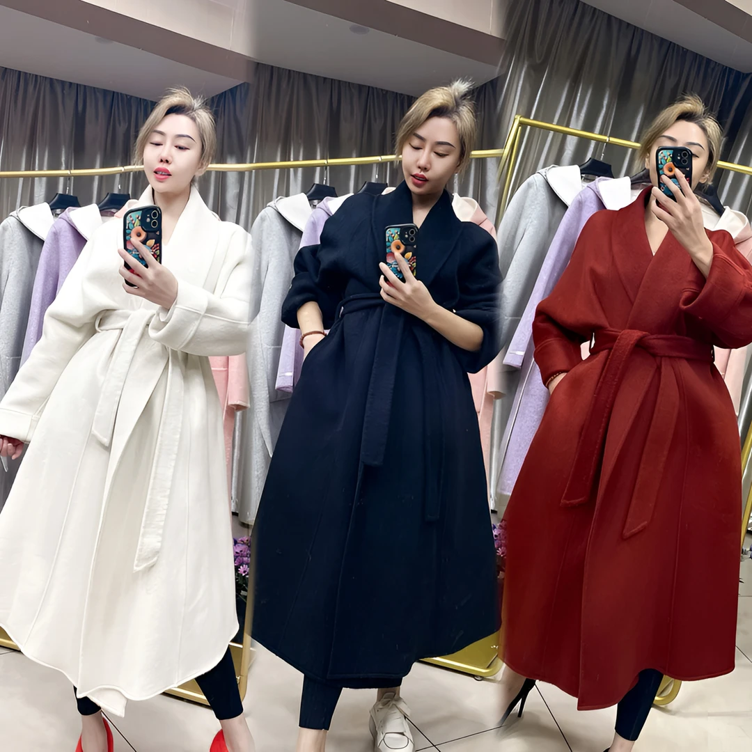 羊毛双面毛呢大翻领慵懒大浴袍大衣系带收腰显高显瘦加厚保暖网红