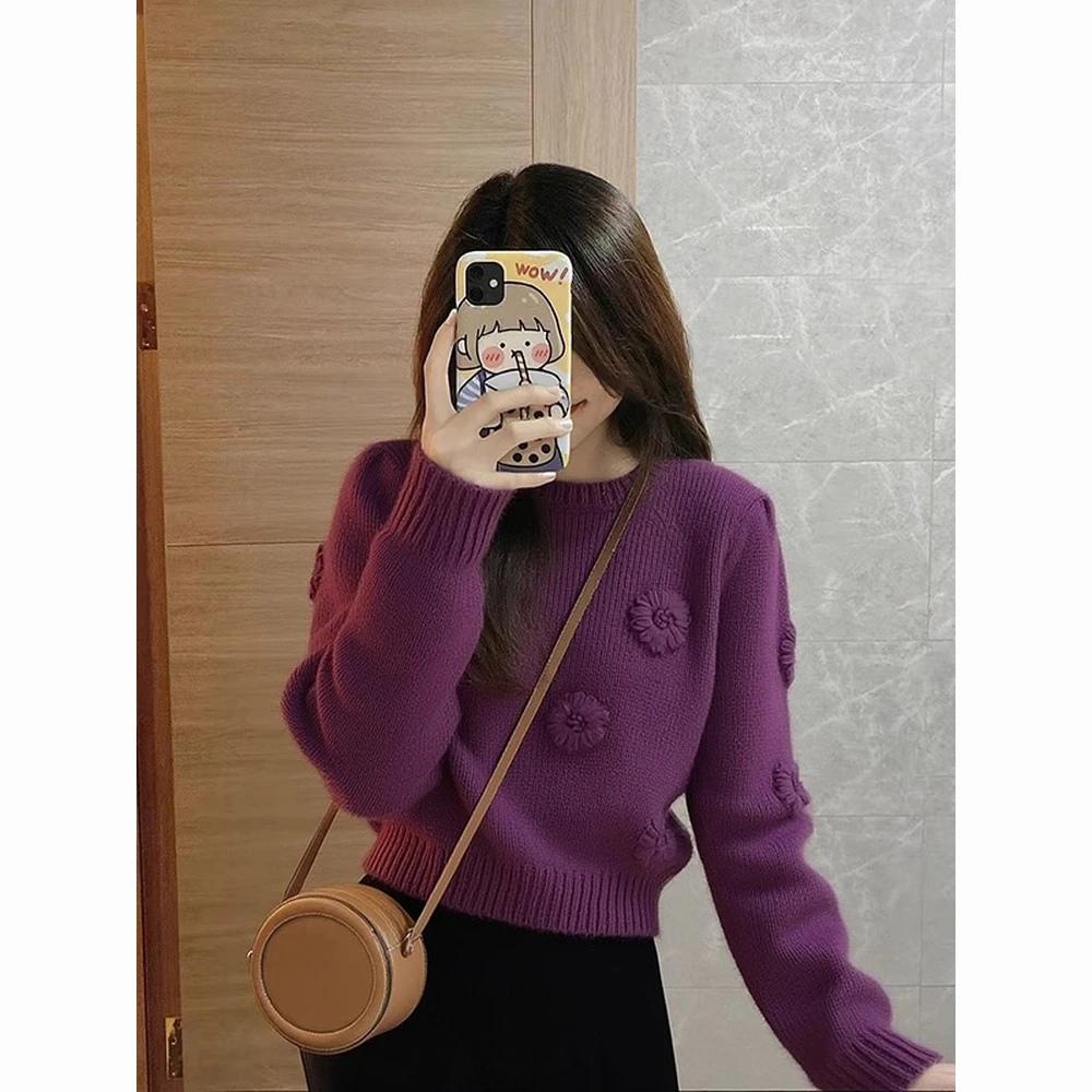 法式紫色修身显瘦短款针织上衣女2025秋冬新款巨好看轻熟毛衣小衫