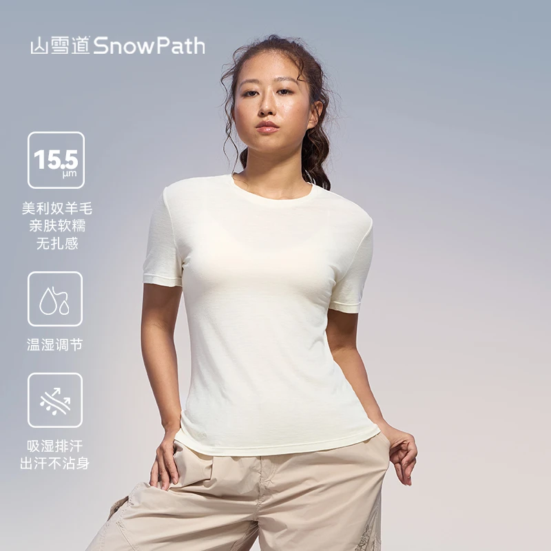 山雪道美利奴羊毛速干衣女圆领短袖户外跑步徒步登山排汗T恤防晒