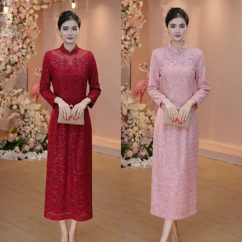 新中式改良旗袍粉色蕾丝年轻妈妈收腰显瘦高端日常可穿连衣裙