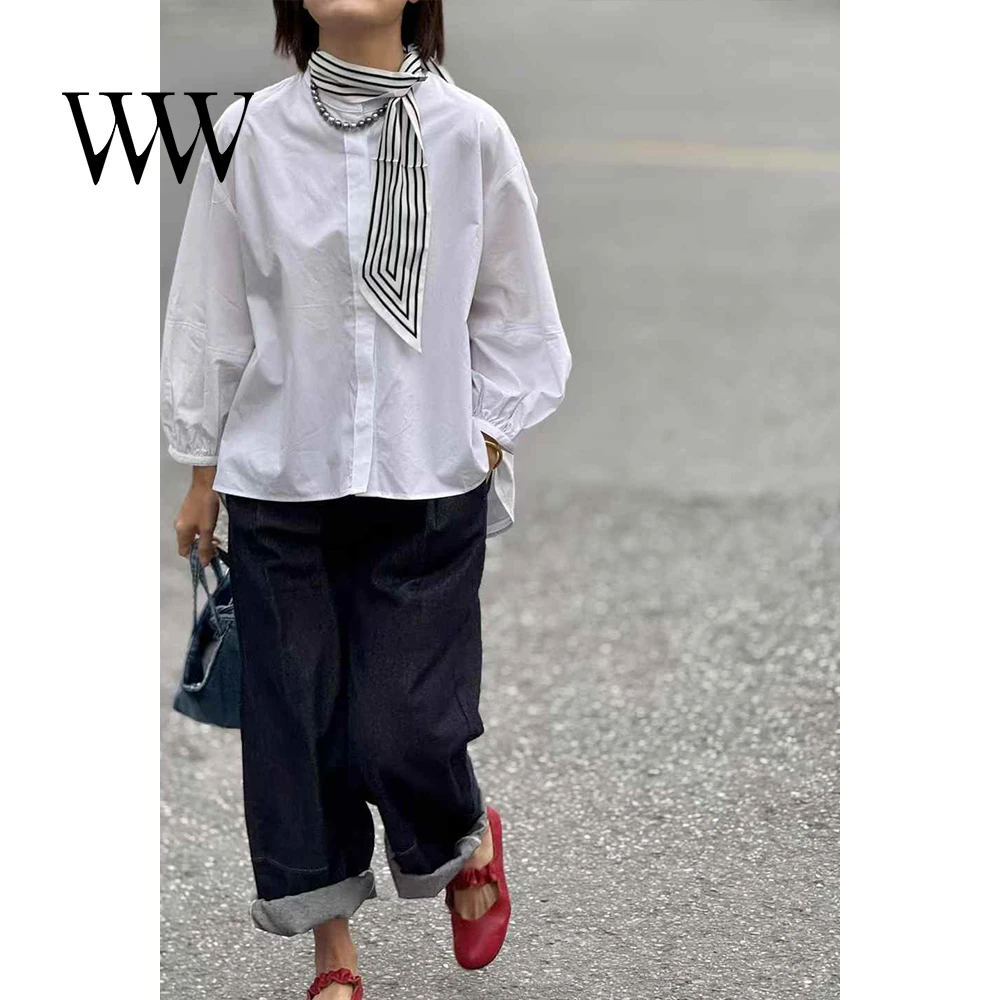 衬衫上衣衬衣长袖白色宽松纯色立领