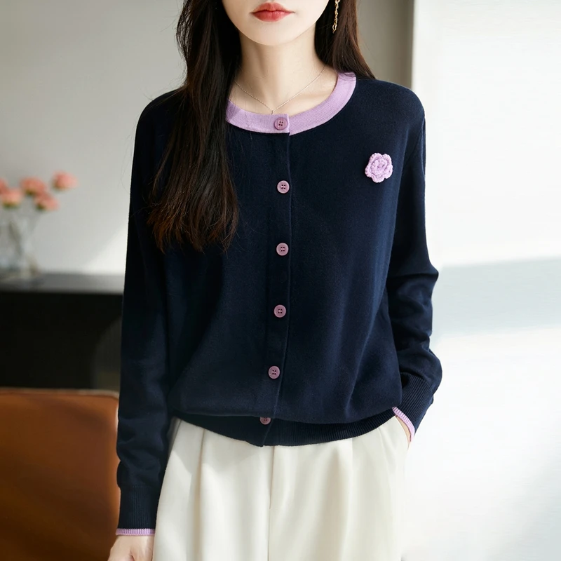 品牌女装秋季新款拼色宽松女士毛针织开衫精纺羊毛百搭上衣