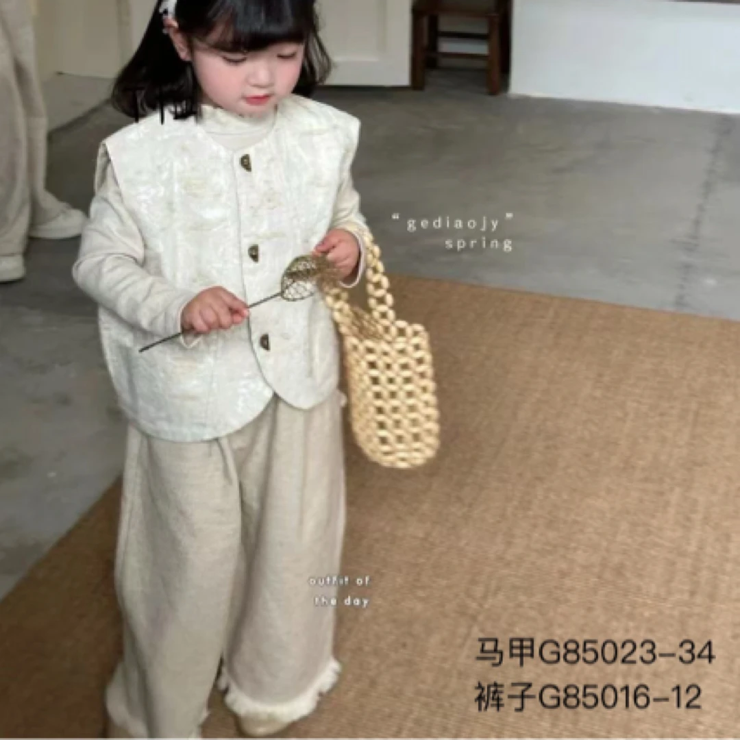 【编号S467】G85016-12-儿童口袋带扣子流苏花边长裤米色-GDJY