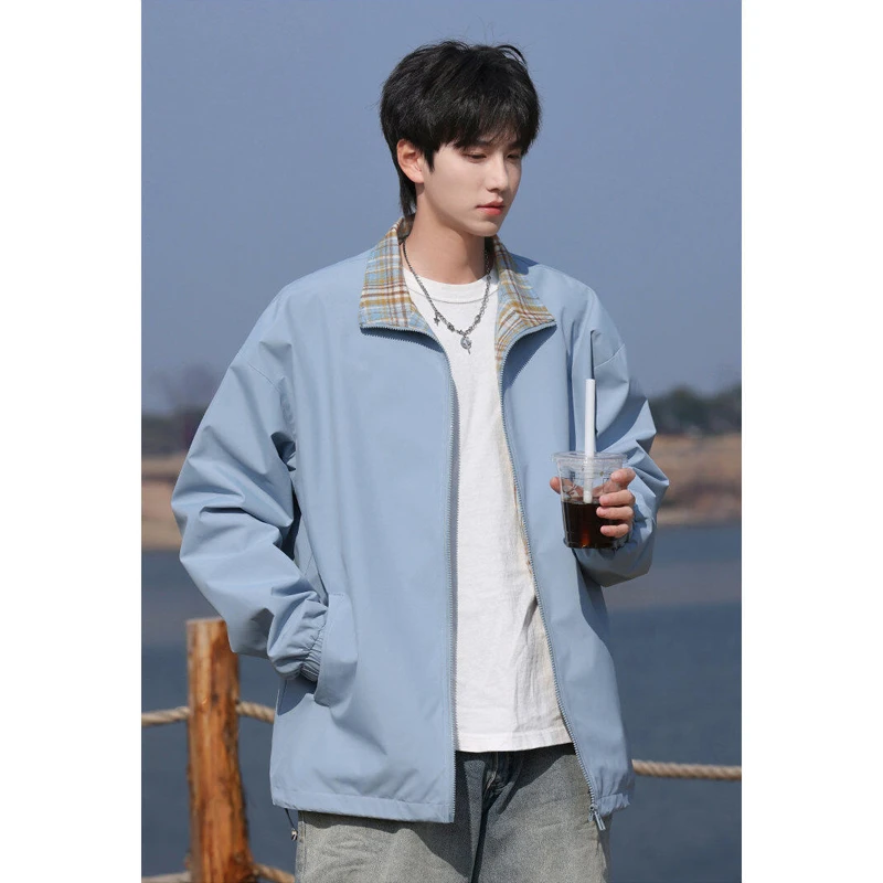 fitcheck格子拼色立领外套男款春秋飞行员教练夹克美式情侣棒球服
